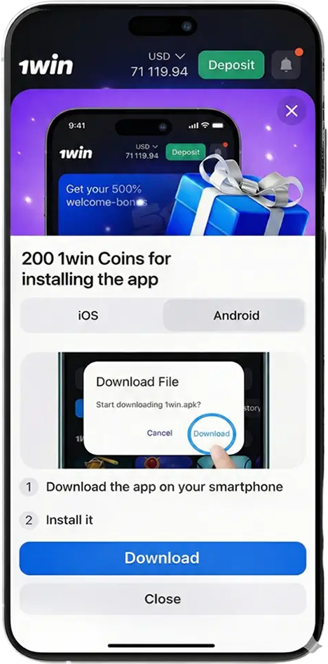 1win Bangladesh Android app installation step showing the APK download process with a bonus offer for installing the official mobile casino app