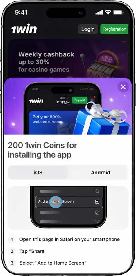 1win Bangladesh iOS app installation process highlighting the Add to Home Screen option for quick access to the online casino and sports betting platform