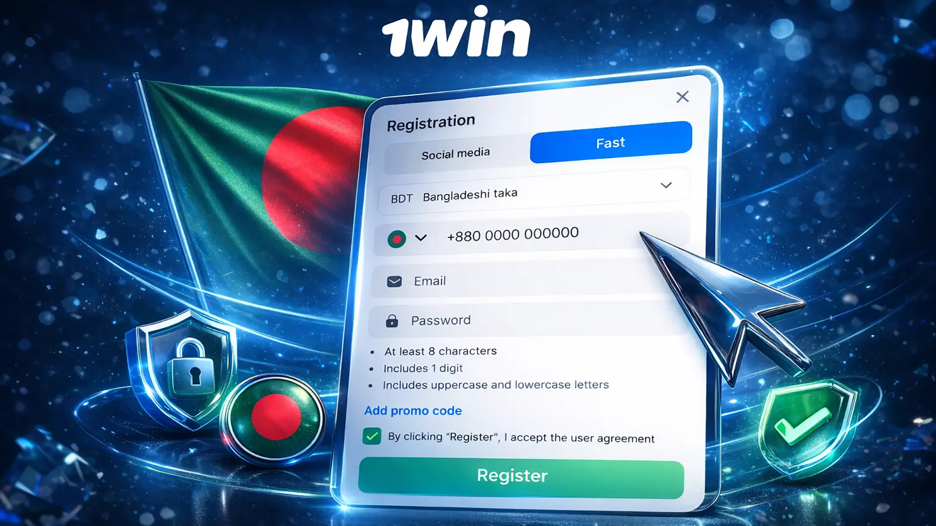 1win quick and safe registration 1win Bangladesh registration form with fast sign up options, BDT currency selection, and secure account creation for new online casino players